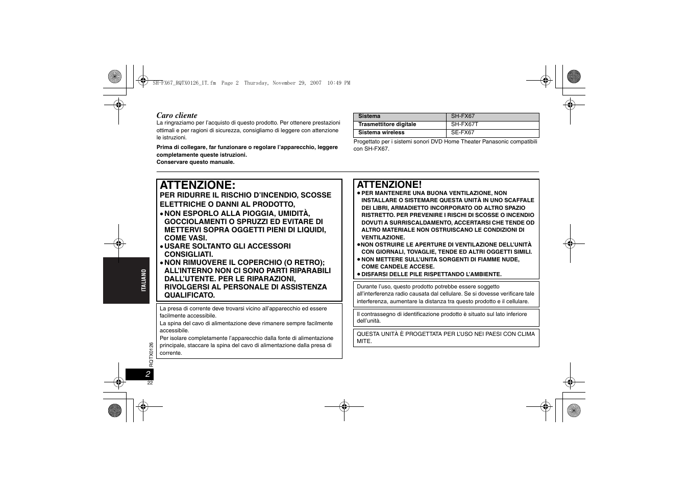 Attenzione | Panasonic SHFX67EK User Manual | Page 22 / 96