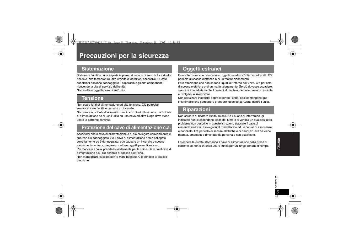 Precauzioni per la sicurezza | Panasonic SHFX67EK User Manual | Page 25 / 96