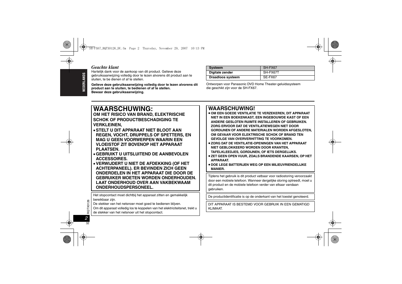 Waarschuwing | Panasonic SHFX67EK User Manual | Page 32 / 96