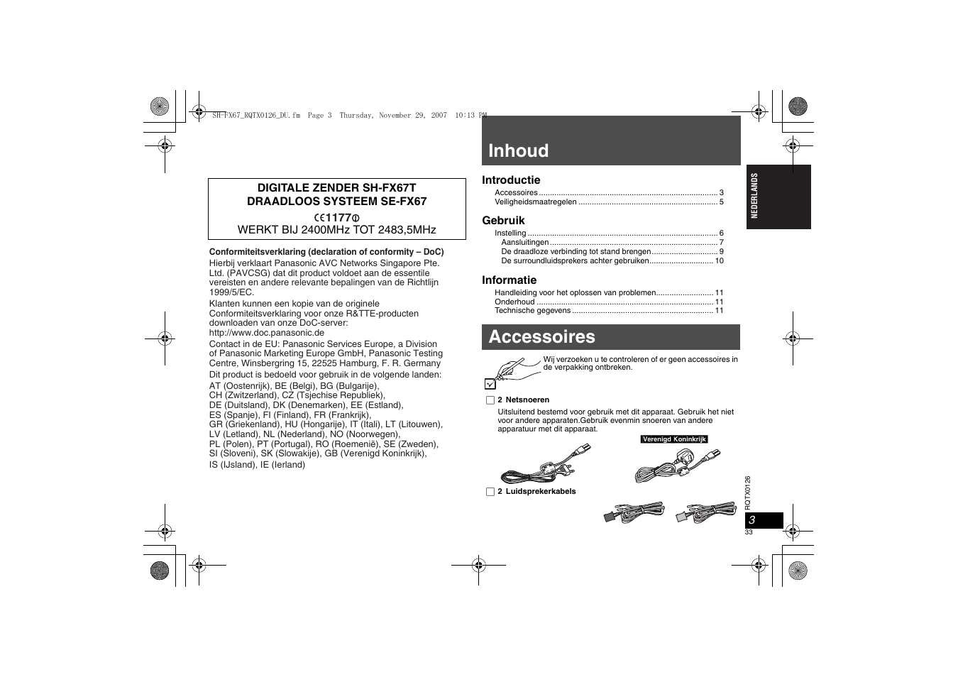 Inhoud, Accessoires | Panasonic SHFX67EK User Manual | Page 33 / 96