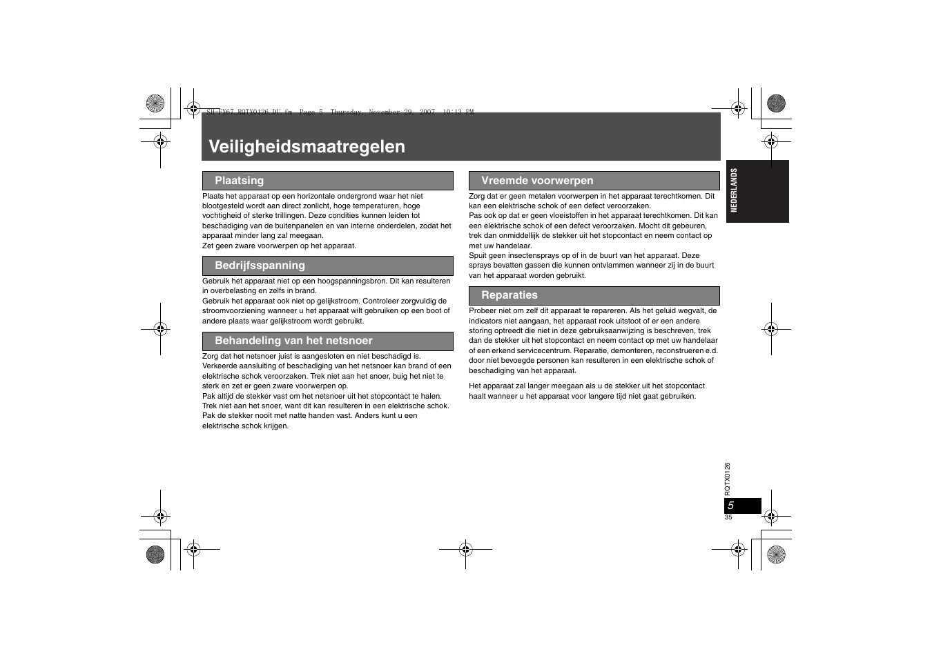 Veiligheidsmaatregelen | Panasonic SHFX67EK User Manual | Page 35 / 96