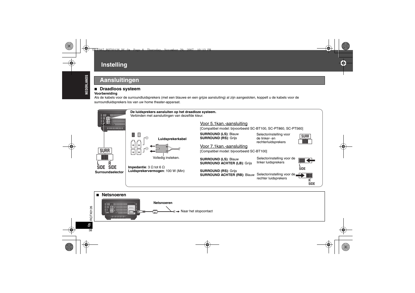 Instelling, Aansluitingen | Panasonic SHFX67EK User Manual | Page 38 / 96