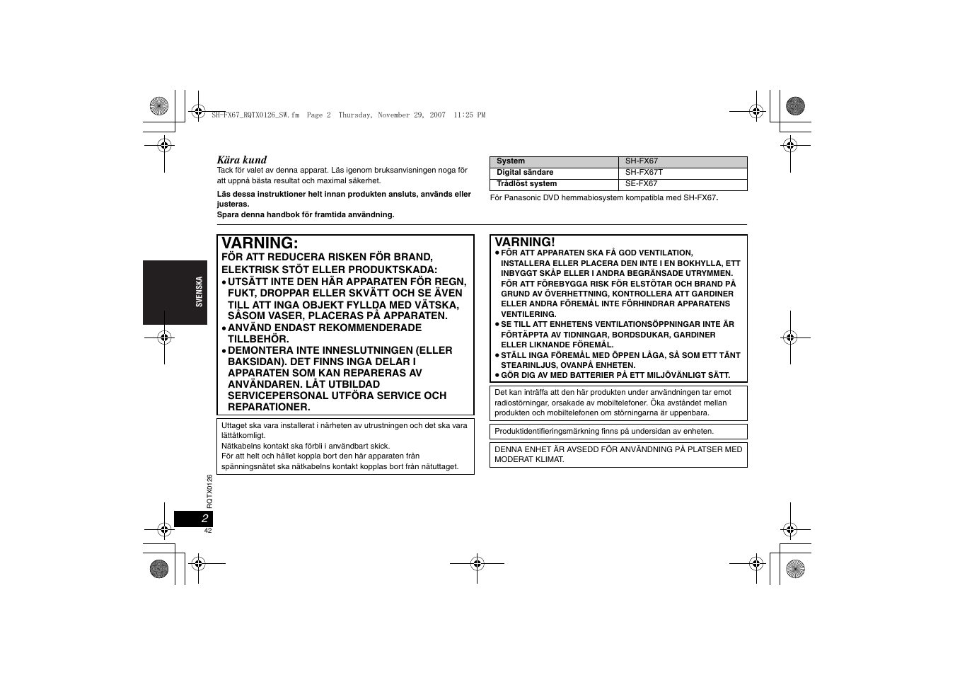 Varning | Panasonic SHFX67EK User Manual | Page 42 / 96