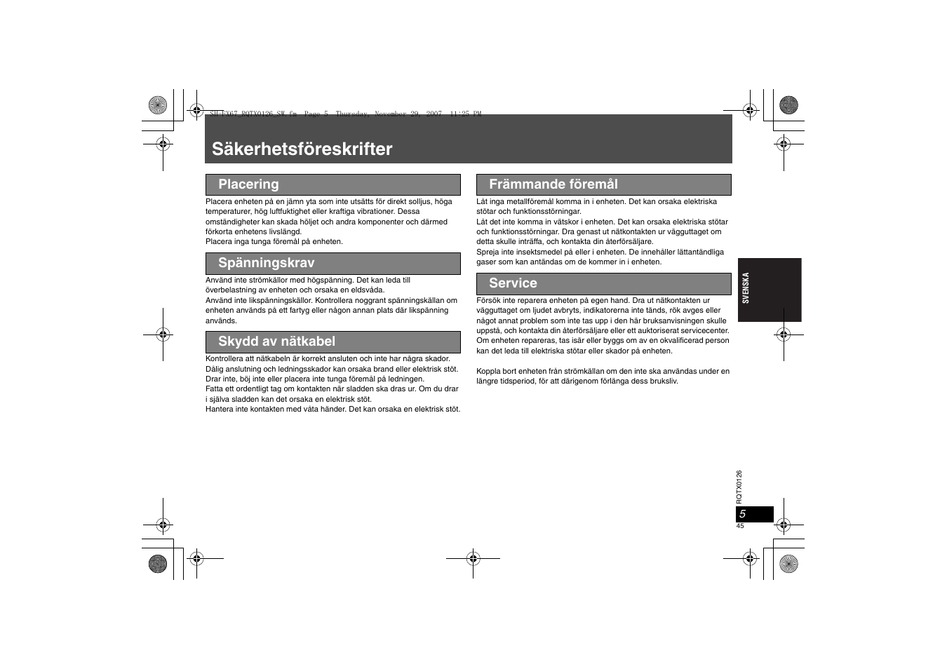 Säkerhetsföreskrifter | Panasonic SHFX67EK User Manual | Page 45 / 96