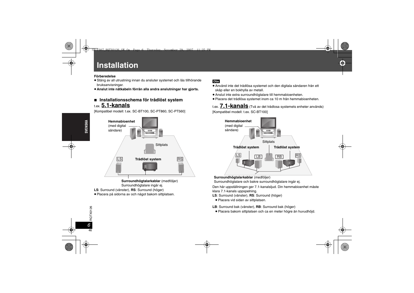 Installation, Kanals | Panasonic SHFX67EK User Manual | Page 46 / 96