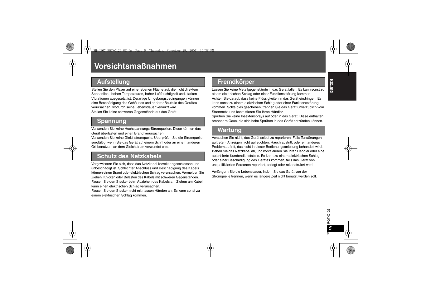 Vorsichtsmaßnahmen | Panasonic SHFX67EK User Manual | Page 5 / 96