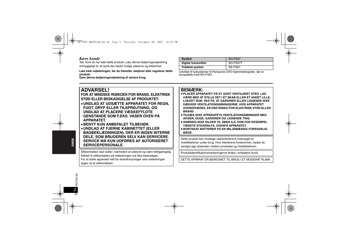 Advarsel, Bemærk | Panasonic SHFX67EK User Manual | Page 52 / 96