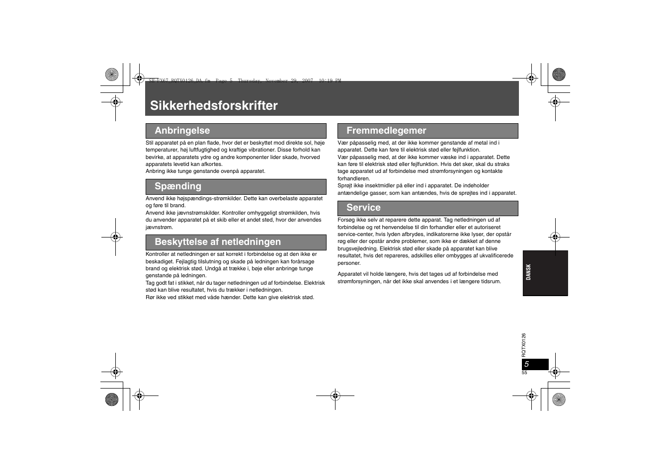 Sikkerhedsforskrifter | Panasonic SHFX67EK User Manual | Page 55 / 96