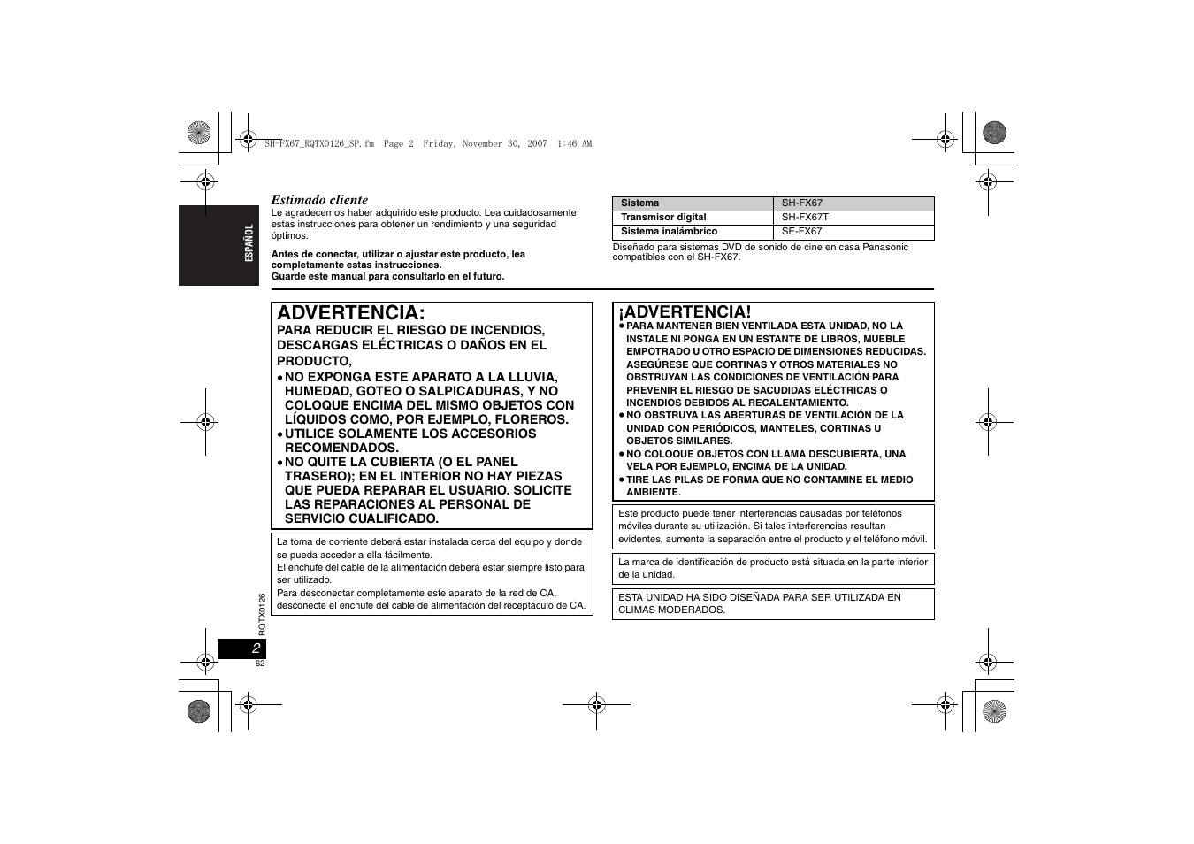 Advertencia | Panasonic SHFX67EK User Manual | Page 62 / 96