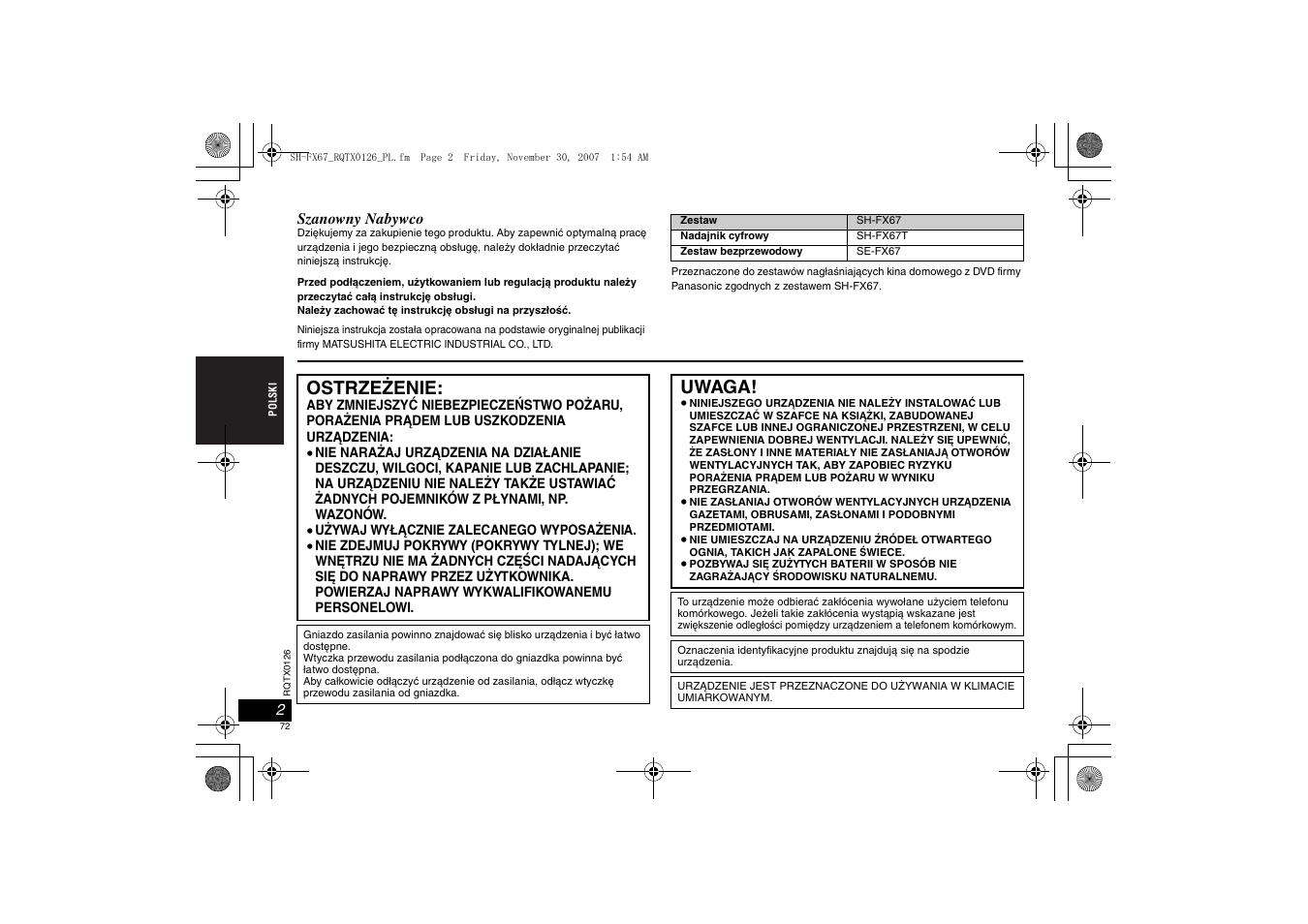 Ostrzeżenie, Uwaga | Panasonic SHFX67EK User Manual | Page 72 / 96