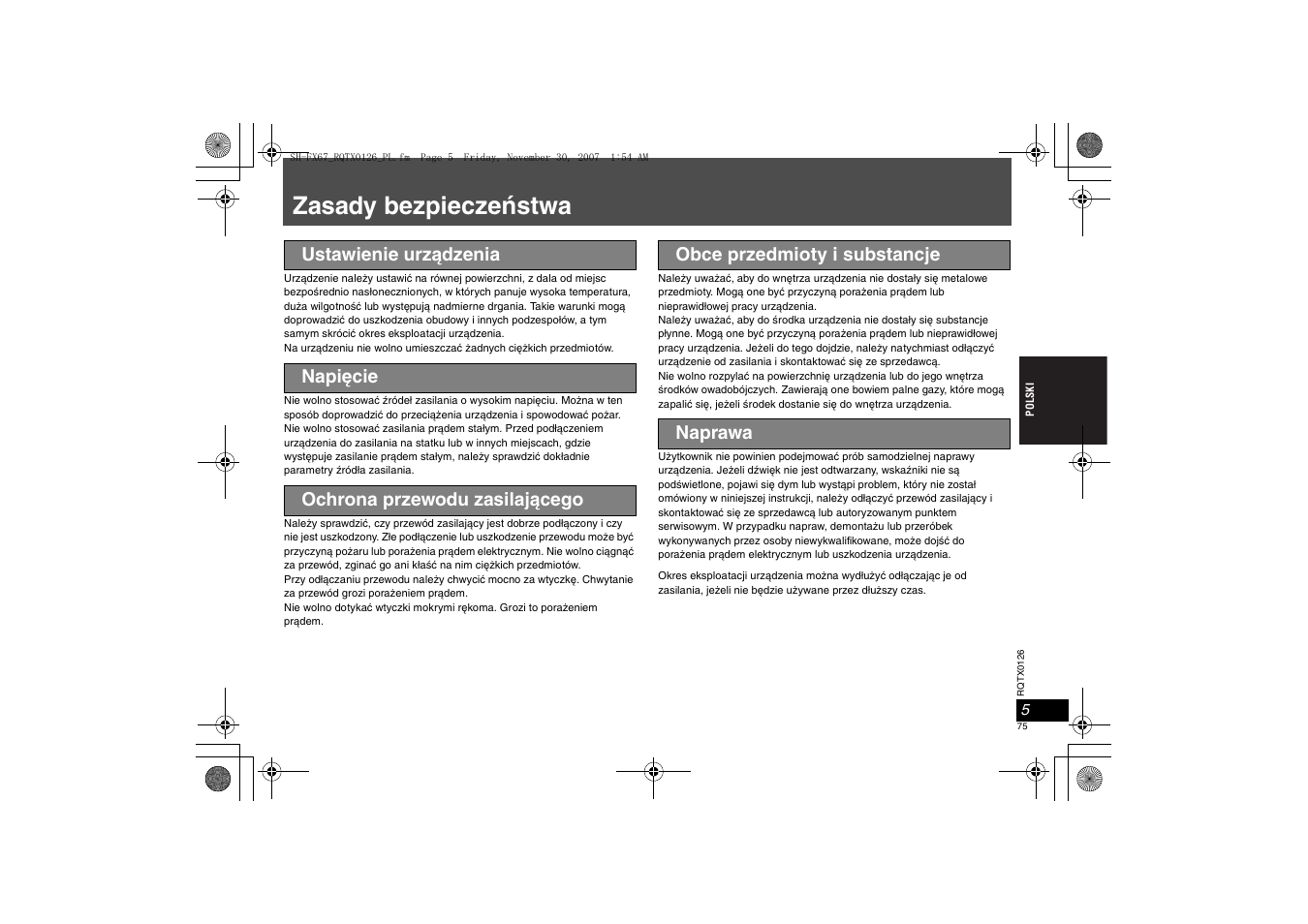 Zasady bezpieczeństwa | Panasonic SHFX67EK User Manual | Page 75 / 96