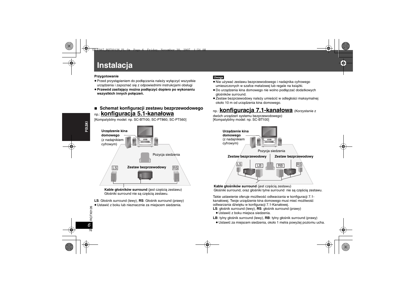 Instalacja, Konfiguracja 5.1-kanałowa, Konfiguracja 7.1-kanałowa | Panasonic SHFX67EK User Manual | Page 76 / 96