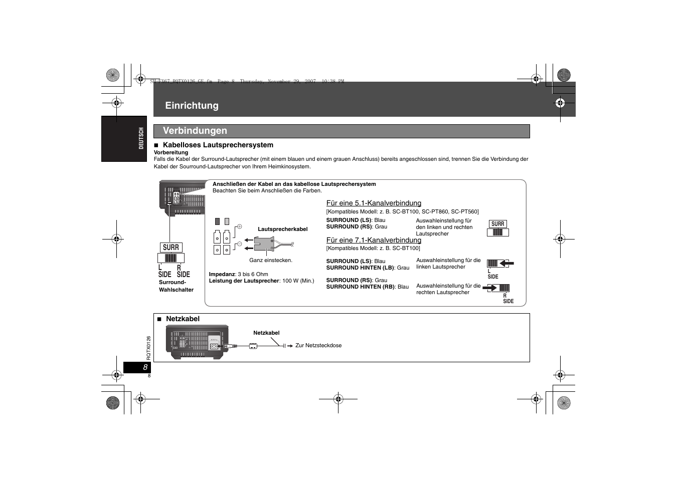 Einrichtung, Verbindungen | Panasonic SHFX67EK User Manual | Page 8 / 96