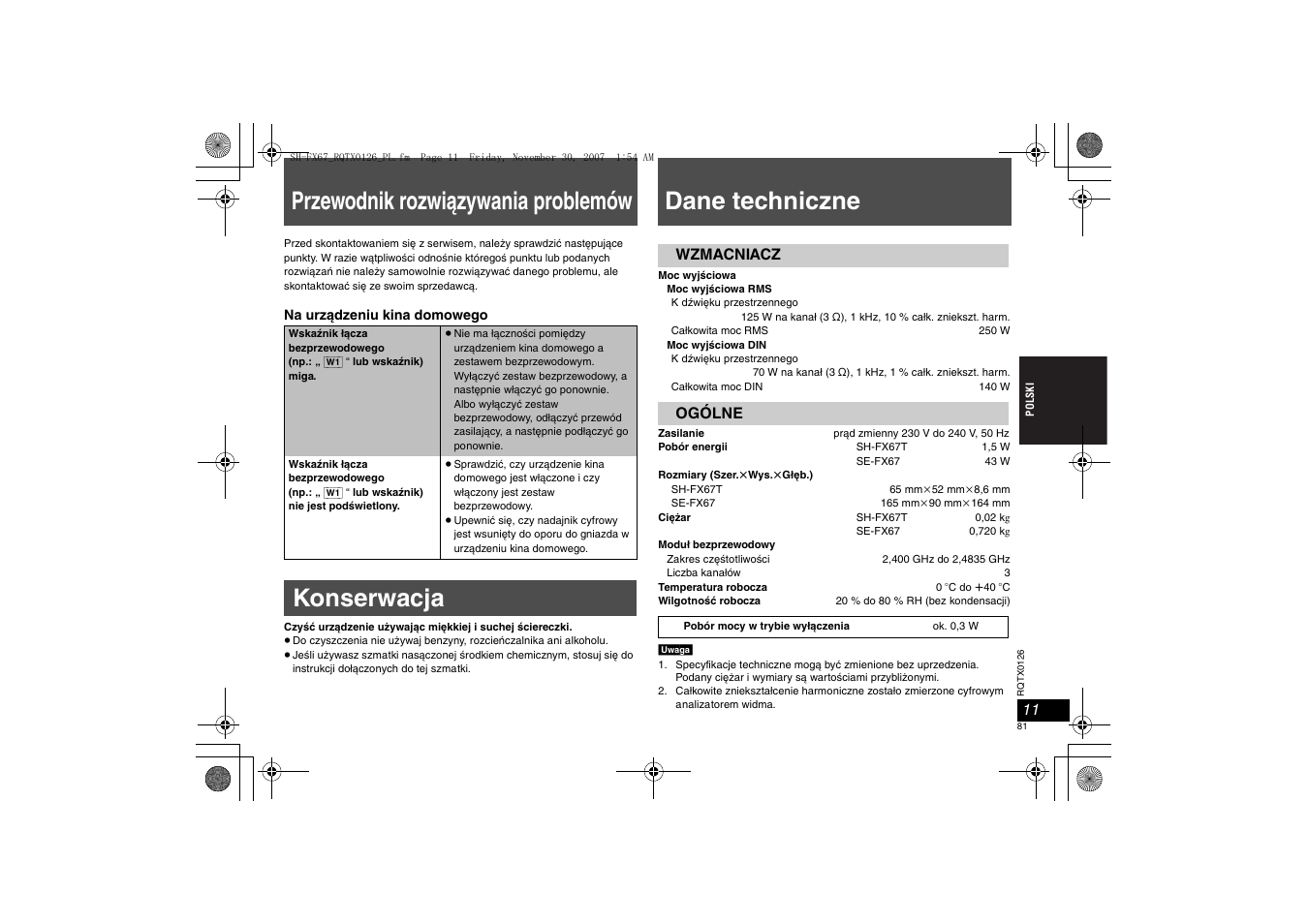 Przewodnik rozwiązywania problemów, Konserwacja, Dane techniczne | Wzmacniacz ogólne | Panasonic SHFX67EK User Manual | Page 81 / 96