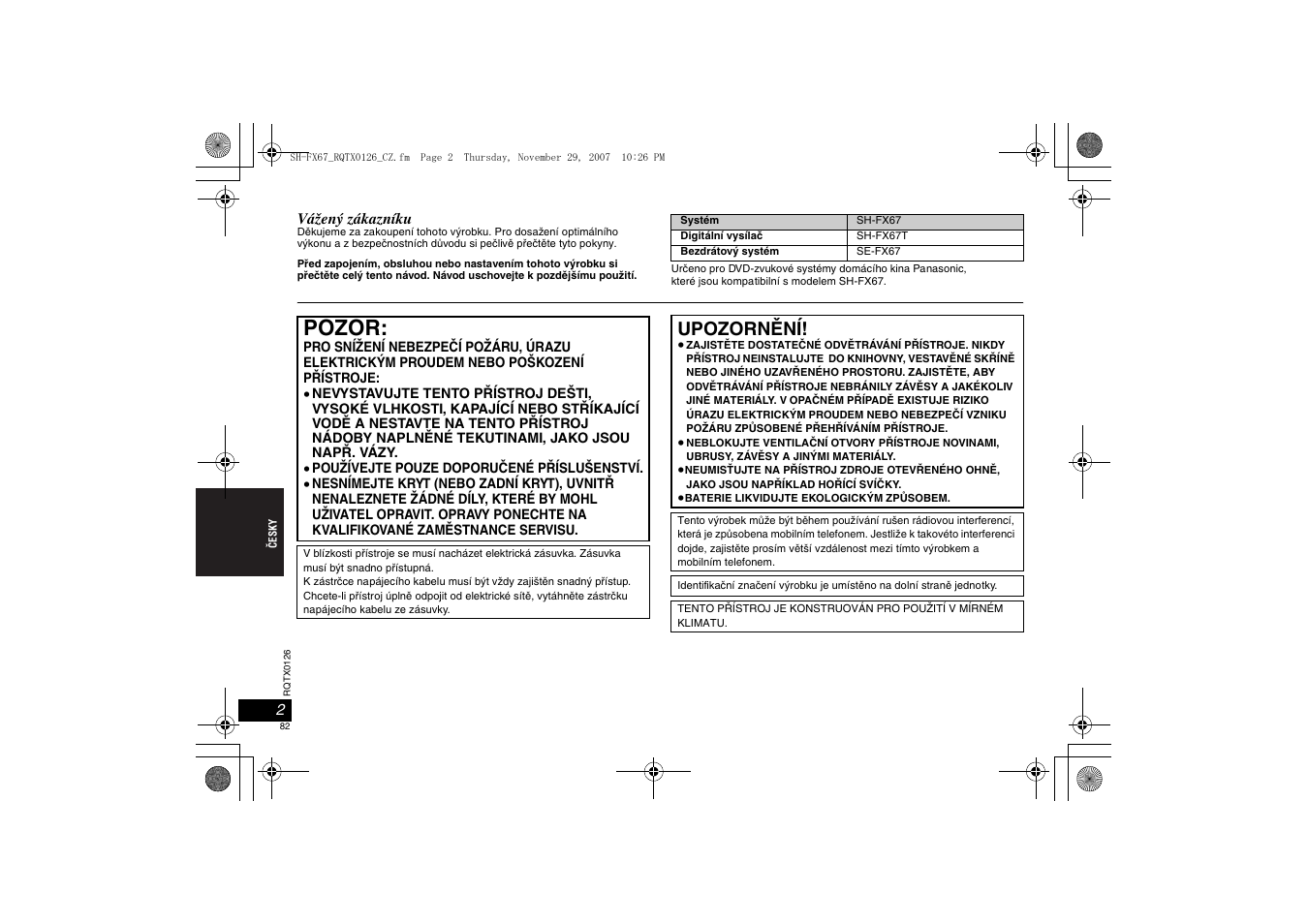 Pozor, Upozornêní | Panasonic SHFX67EK User Manual | Page 82 / 96