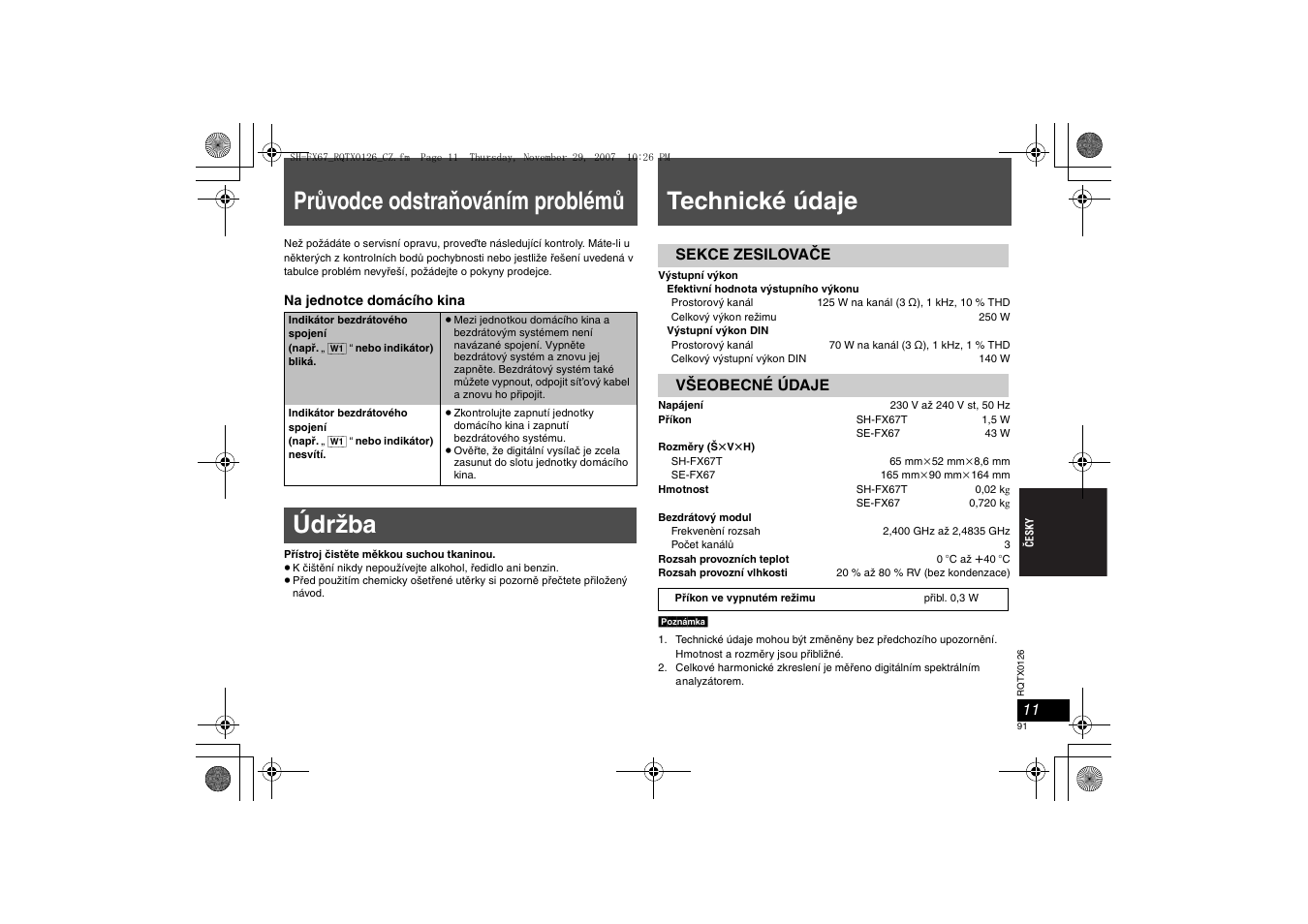 Průvodce odstraňováním problémů, Údržba, Technické údaje | Sekce zesilovače všeobecné údaje | Panasonic SHFX67EK User Manual | Page 91 / 96