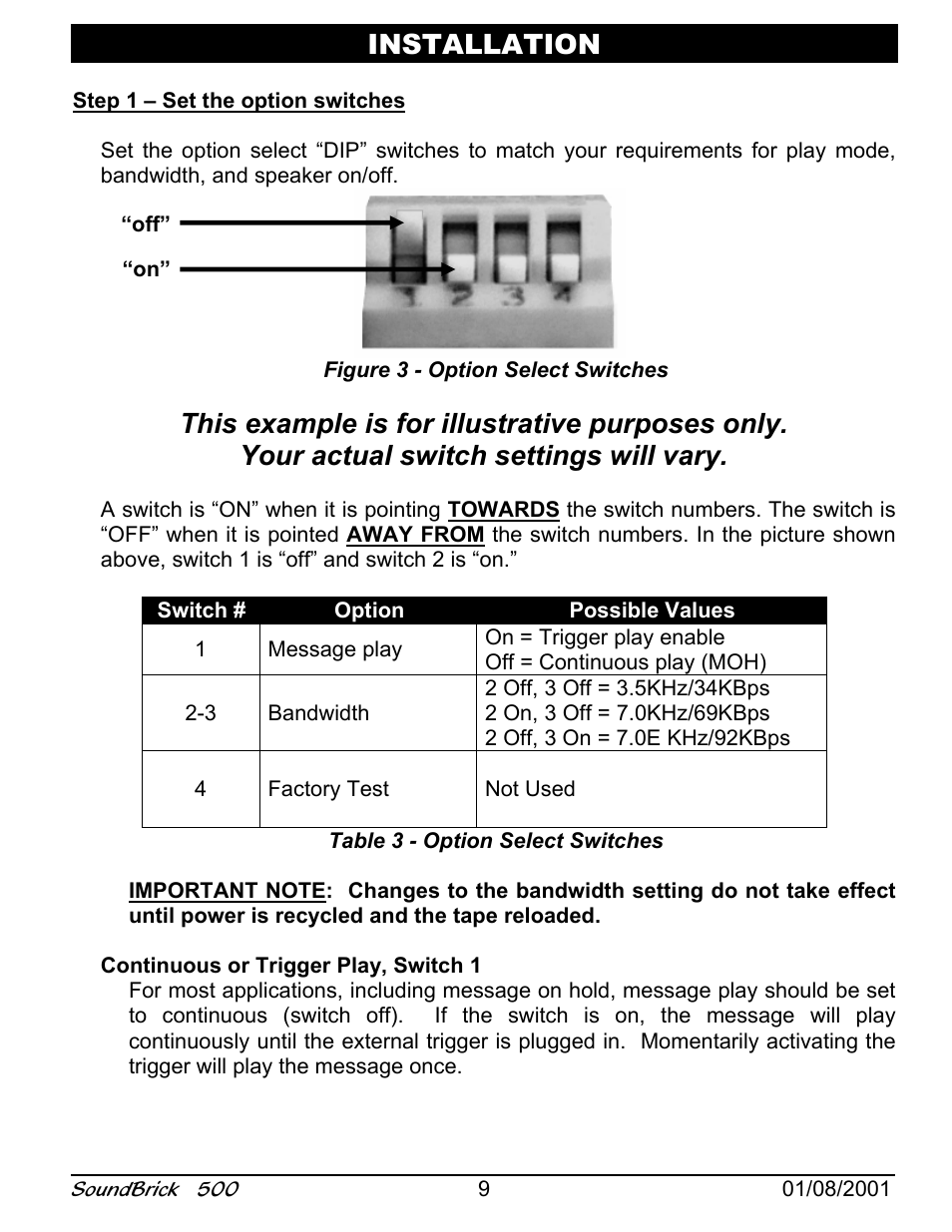 Installation, Step 1 – set the option switches, Continuous or trigger play, switch 1 | Figure 3 - option select switches, Table 3 - option select switches | Avaya SoundBrick 500 User Manual | Page 9 / 18