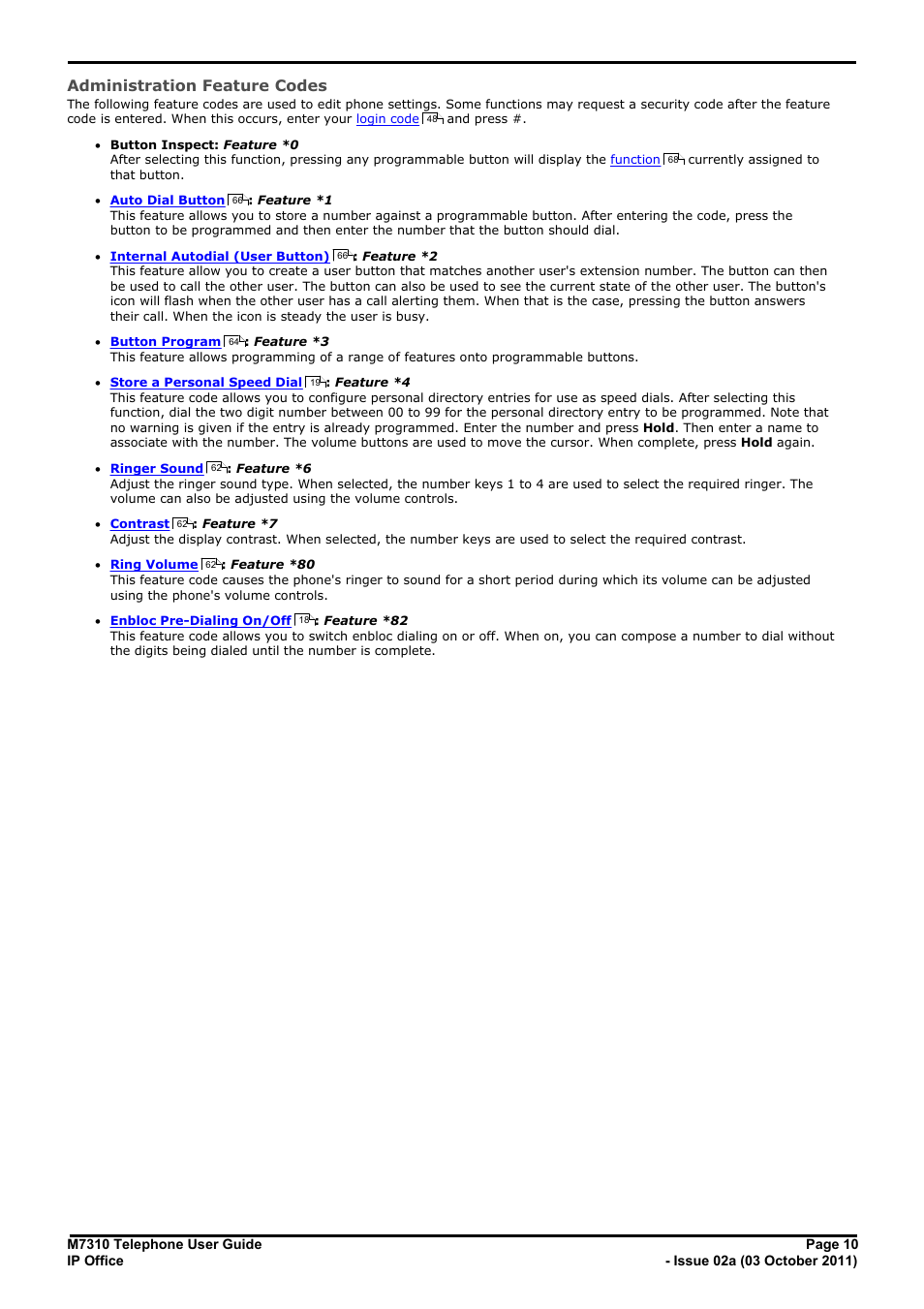 Administration feature codes | Avaya M7310 User Manual | Page 10 / 84