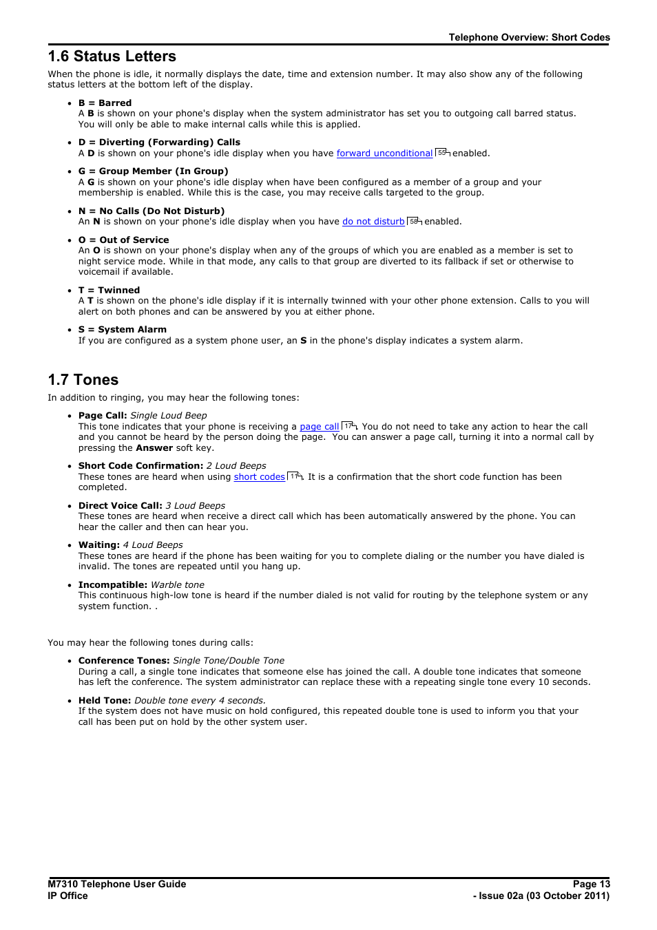 Status letters, Tones, 6 status letters | 7 tones, 5 deleting all records, 6 adding a record to your contacts | Avaya M7310 User Manual | Page 13 / 84