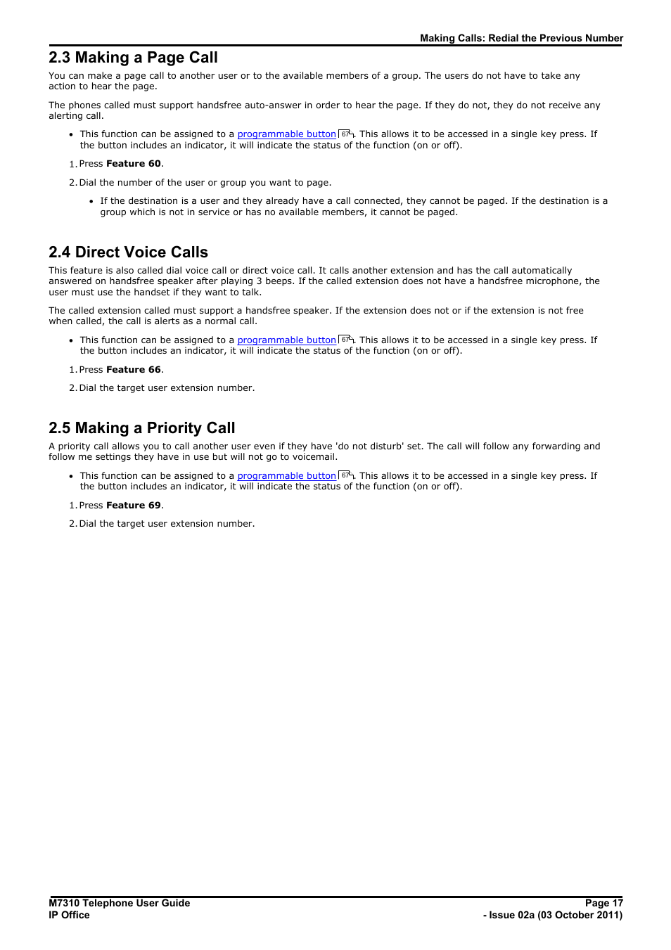 Direct voice calls, Making a priority call, 4 direct voice calls | 5 making a priority call, 1 logging in on a phone already in use, 2 logging in on a logged out phone, 3 logout, 3 making a page call | Avaya M7310 User Manual | Page 17 / 84