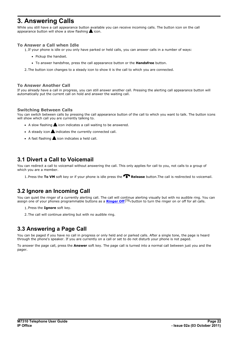 Answering calls, Divert a call to voicemail, Ignore an incoming call | 1 divert a call to voicemail, 2 ignore an incoming call, 3 do not disturb, 4 twinning, 3 answering a page call | Avaya M7310 User Manual | Page 22 / 84