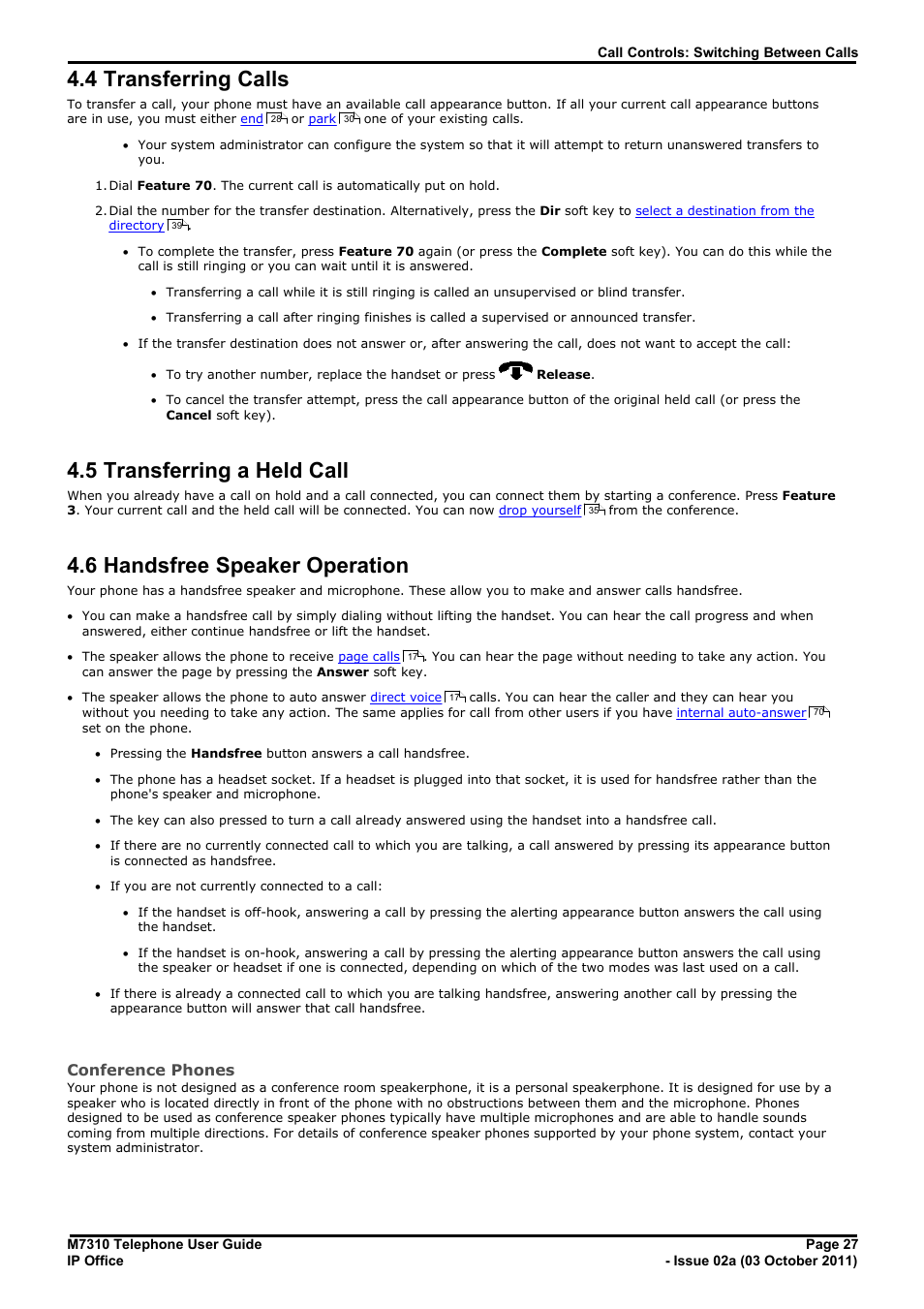 Transferring calls, Transferring a held call, Handsfree speaker operation | 4 transferring calls, 5 transferring a held call, 6 handsfree speaker operation, 1 button inspection, 2 default buttons, Conference phones | Avaya M7310 User Manual | Page 27 / 84