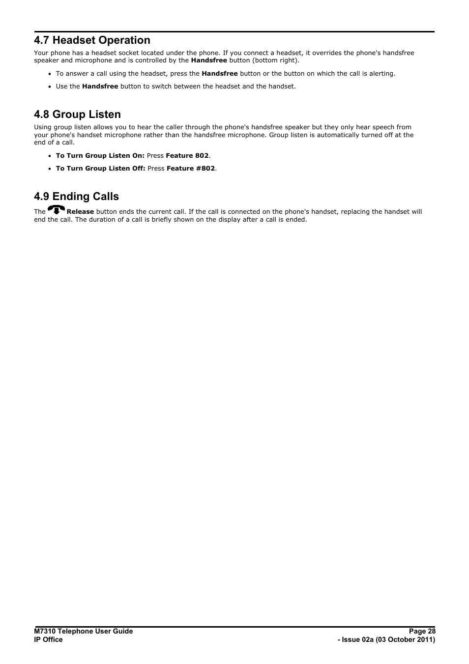 Headset operation, Group listen, Ending calls | 7 headset operation, 8 group listen, 9 ending calls, 3 erasing a button, 4 auto dial button, 5 internal auto dial (user button) | Avaya M7310 User Manual | Page 28 / 84