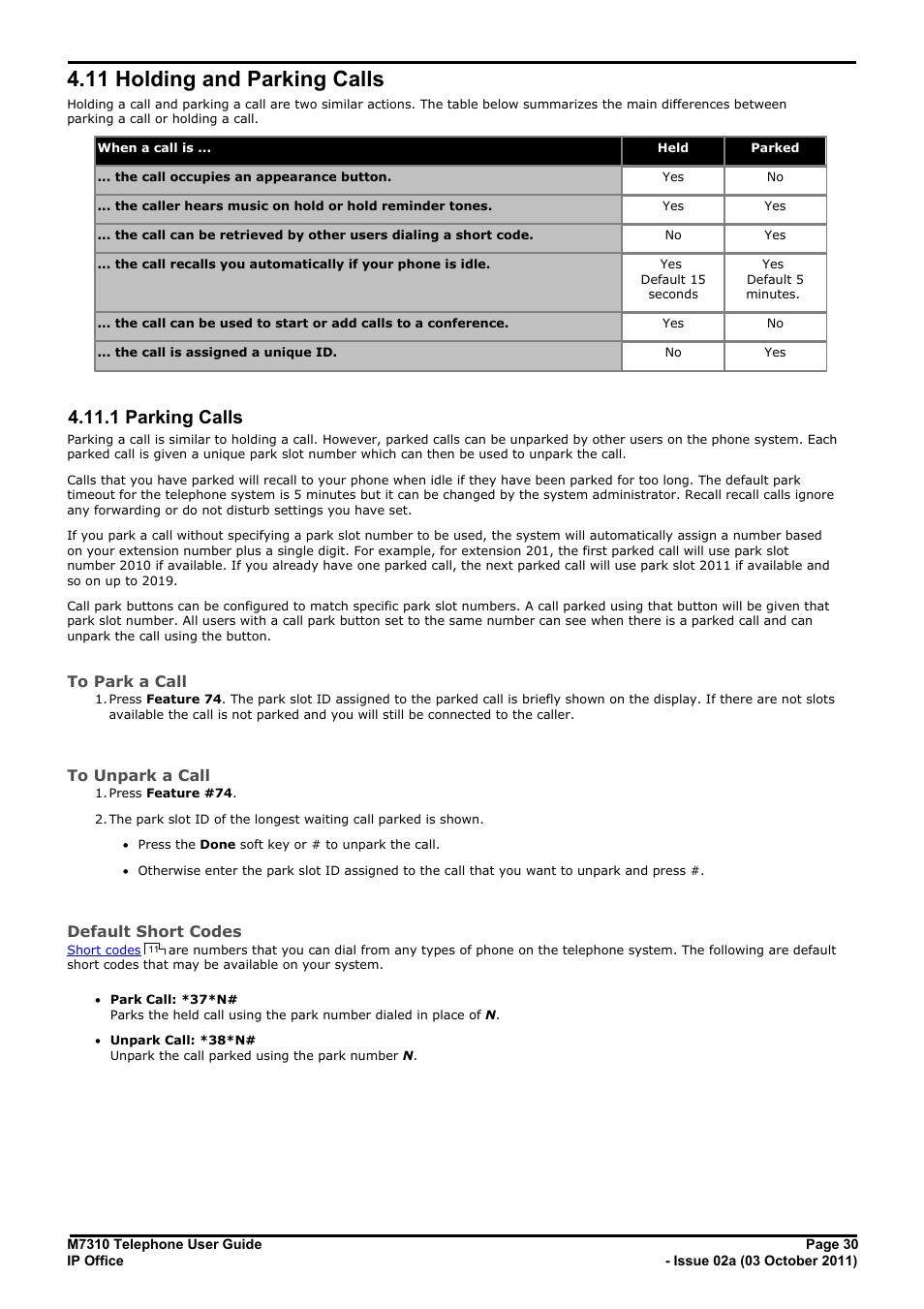 Holding and parking calls, Parking calls, 11 holding and parking calls | 1 parking calls, 7 feature button, 8 button functions, Park | Avaya M7310 User Manual | Page 30 / 84