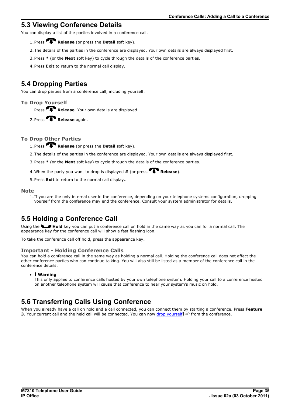 Viewing conference details, Dropping parties, Holding a conference call | Transferring calls using conference, 3 viewing conference details, 4 dropping parties, 5 holding a conference call, 6 transferring calls using conference, Drop yourself | Avaya M7310 User Manual | Page 35 / 84