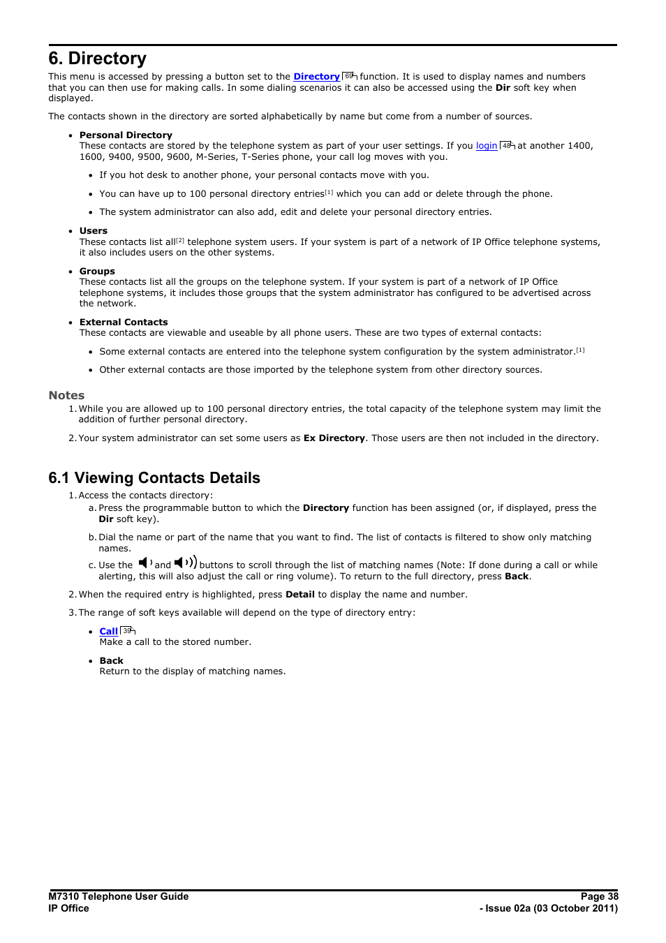 Directory, Viewing contacts details, 1 viewing contacts details | Contacts directory | Avaya M7310 User Manual | Page 38 / 84