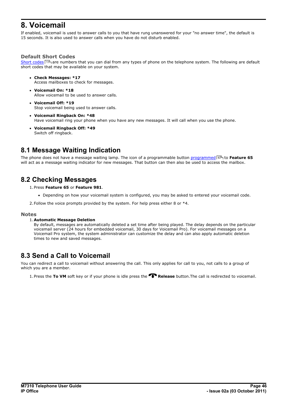 Voicemail, Message waiting indication, Checking messages | Send a call to voicemail, 1 message waiting indication, 2 checking messages, 3 send a call to voicemail | Avaya M7310 User Manual | Page 46 / 84