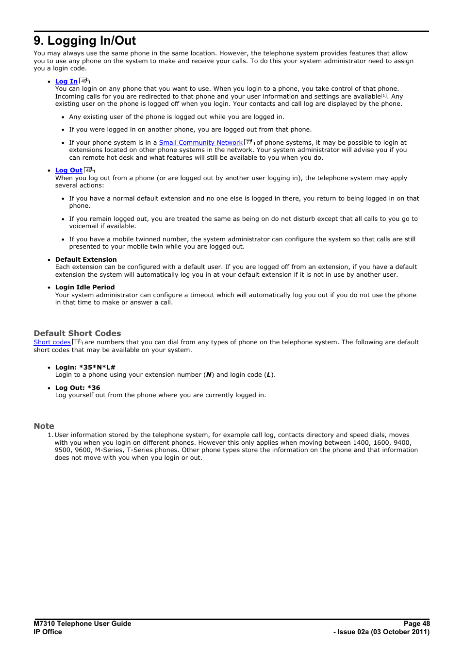 Logging in/out, Code is entered. when this occurs, enter your, Login code | Login, Default short codes | Avaya M7310 User Manual | Page 48 / 84