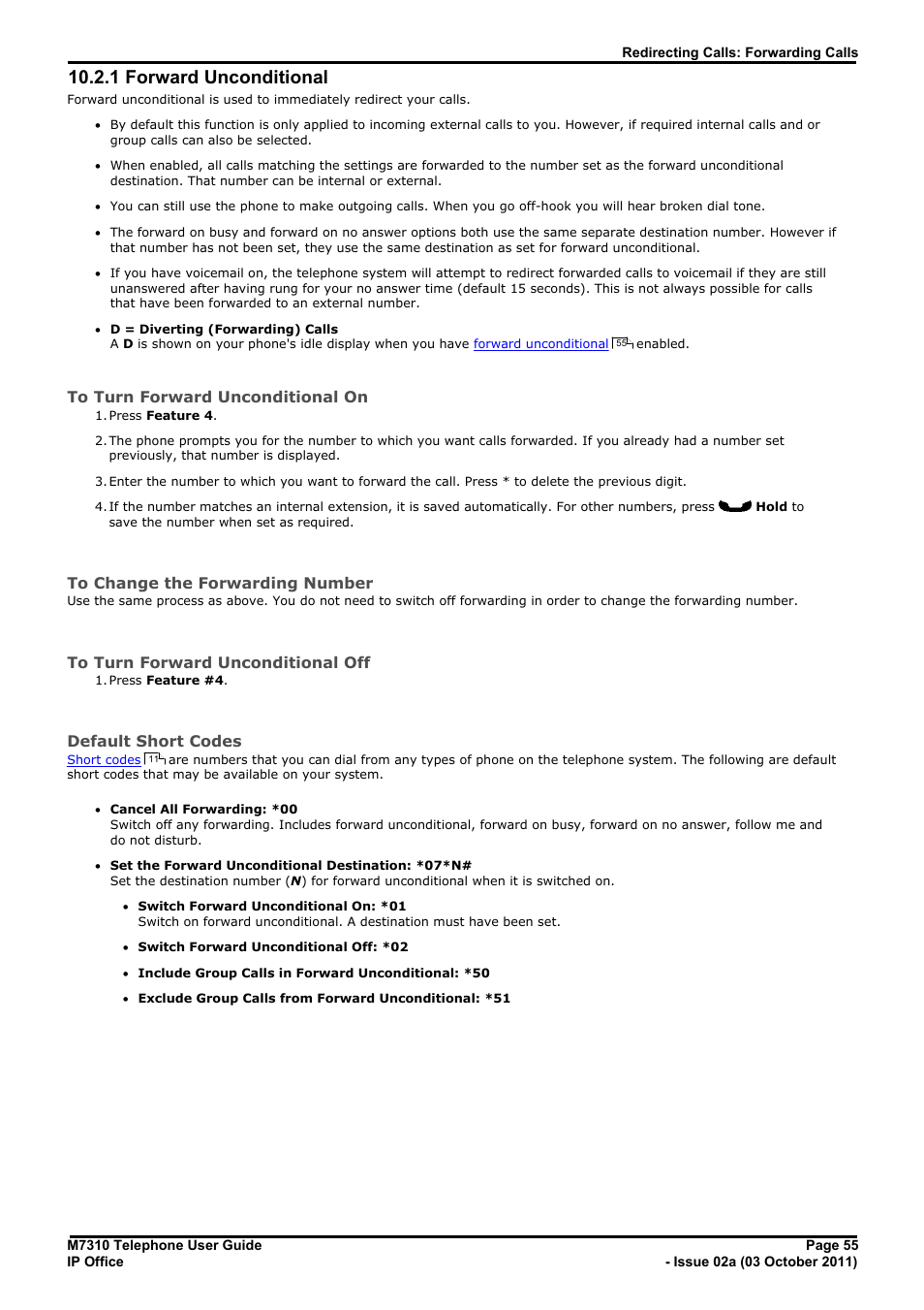 Forward unconditional, 1 forward unconditional | Avaya M7310 User Manual | Page 55 / 84