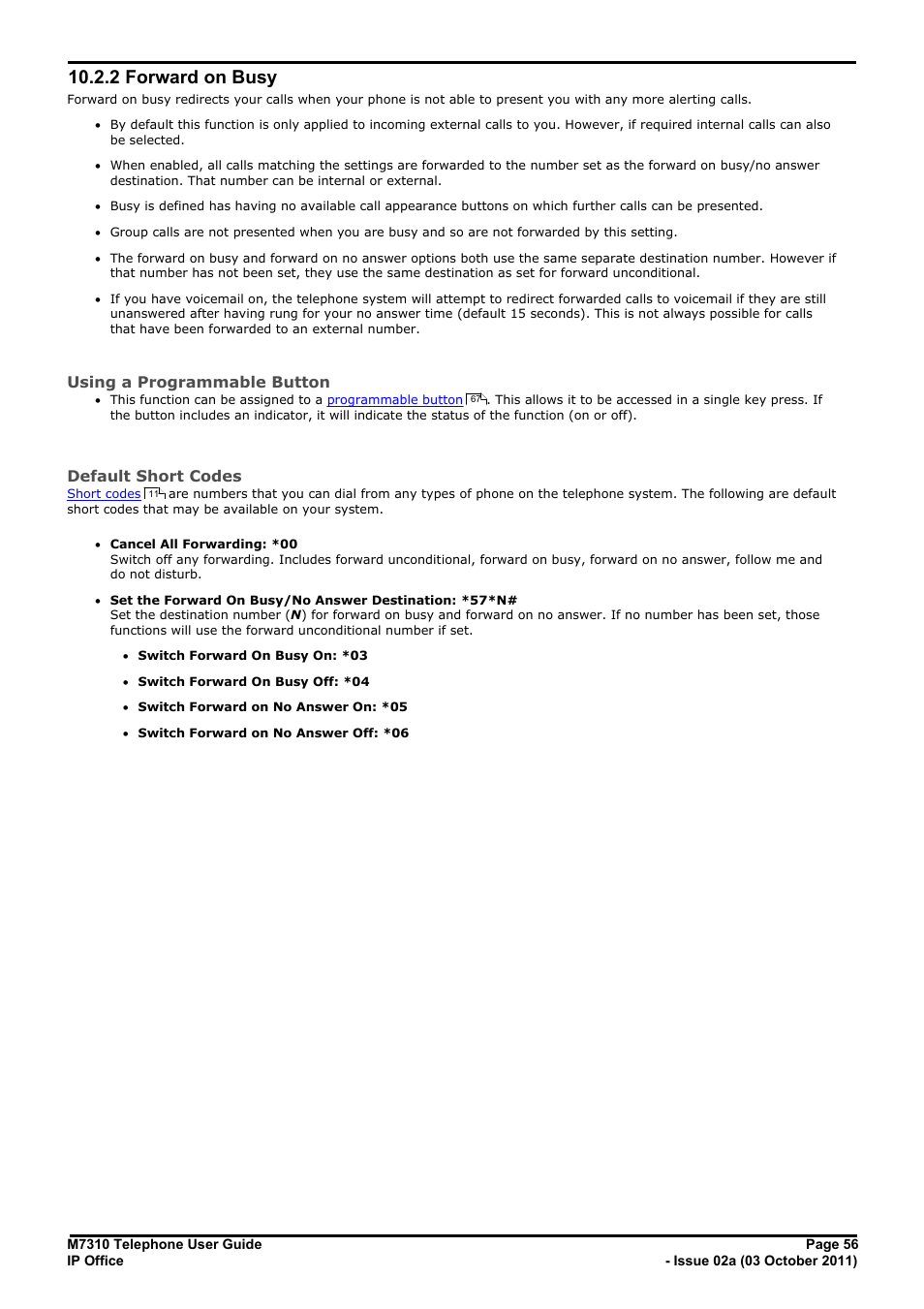 Forward on busy, 2 forward on busy, Using a programmable button | Default short codes | Avaya M7310 User Manual | Page 56 / 84