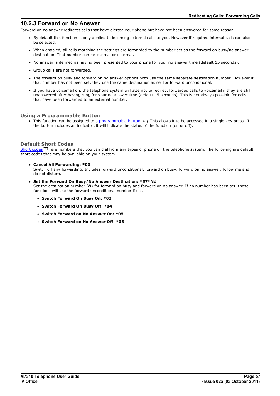 Forward on no answer, 3 forward on no answer, Using a programmable button | Default short codes | Avaya M7310 User Manual | Page 57 / 84