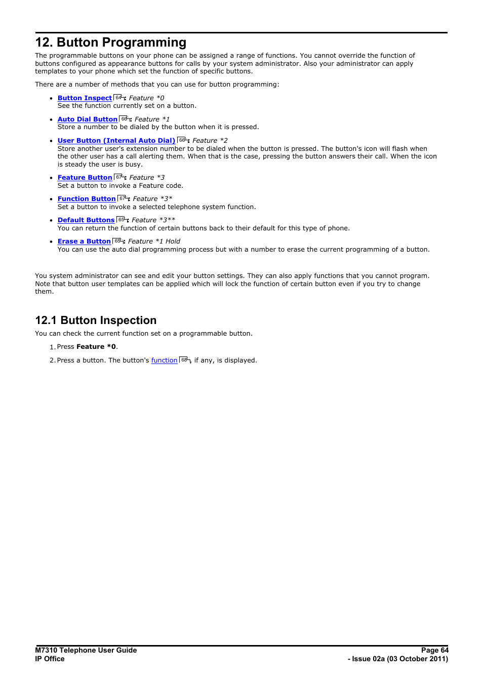 Button programming, Button inspection, Programmable buttons | Button program, 1 button inspection | Avaya M7310 User Manual | Page 64 / 84