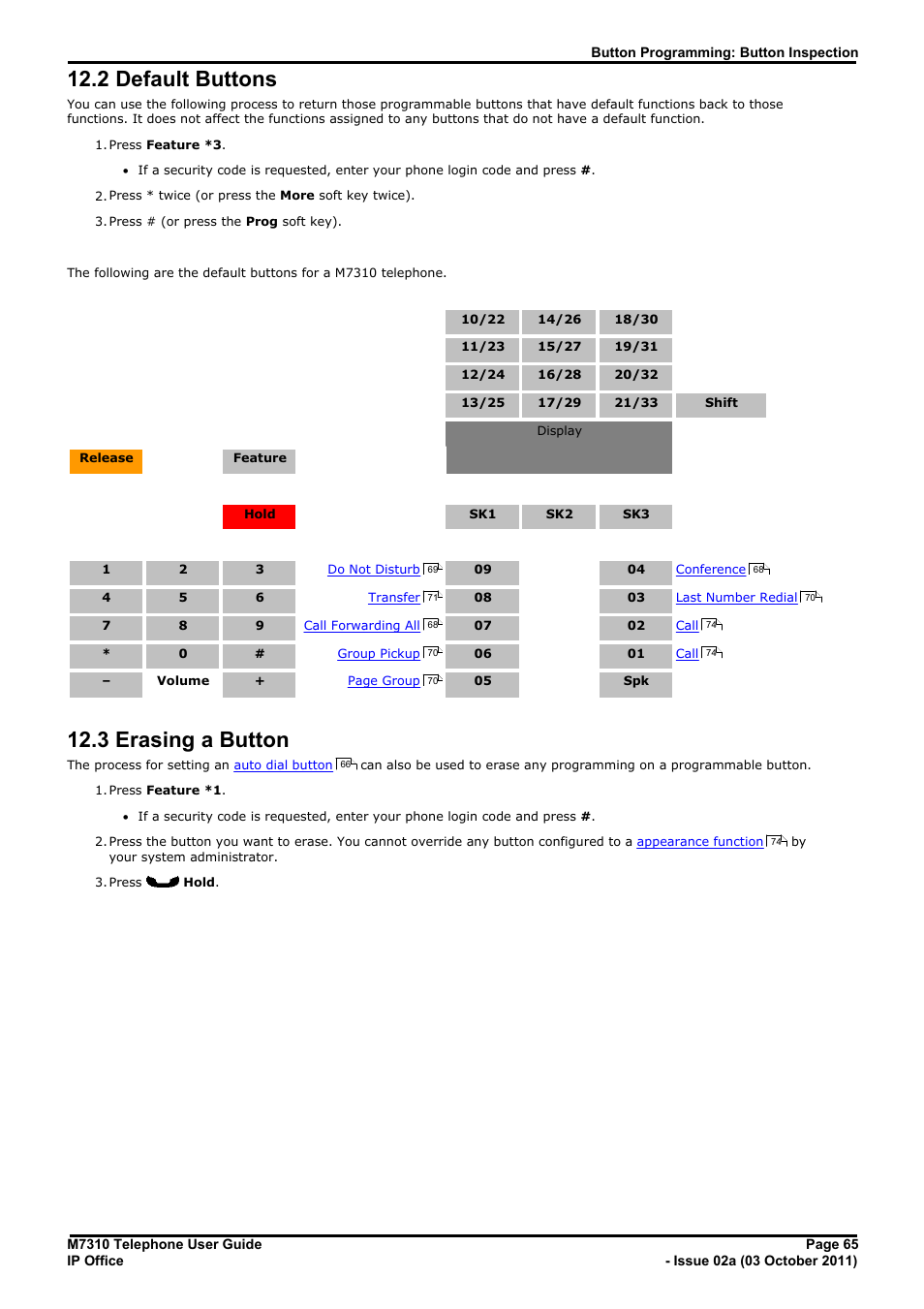 Default buttons, Erasing a button, Erase a button | 2 default buttons, 3 erasing a button | Avaya M7310 User Manual | Page 65 / 84