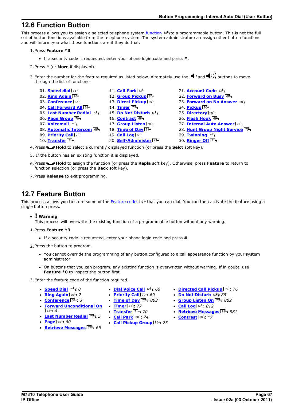 Function button, Feature button, This function can be assigned to a | Programmable button, 6 function button, 7 feature button | Avaya M7310 User Manual | Page 67 / 84