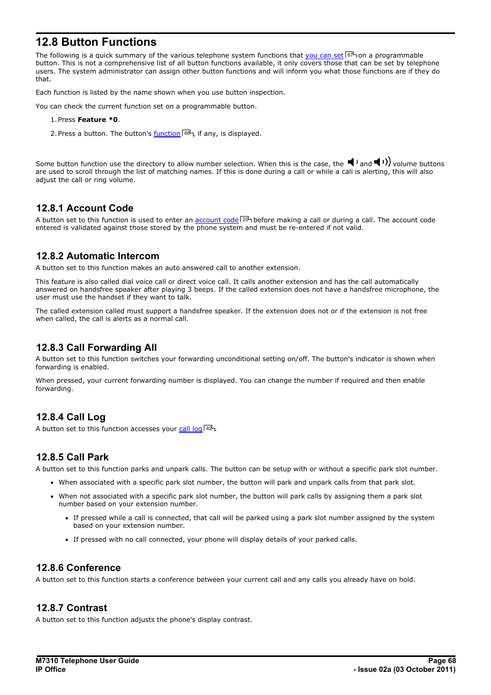 Button functions, Account code, Automatic intercom | Call forwarding all, Call log, Call park, Conference, Contrast, 1 account code, 2 automatic intercom | Avaya M7310 User Manual | Page 68 / 84