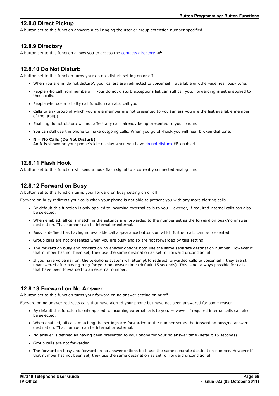 Direct pickup, Directory, Do not disturb | Flash hook, Forward on busy, Forward on no answer, 8 direct pickup, 9 directory, 10 do not disturb, 11 flash hook | Avaya M7310 User Manual | Page 69 / 84