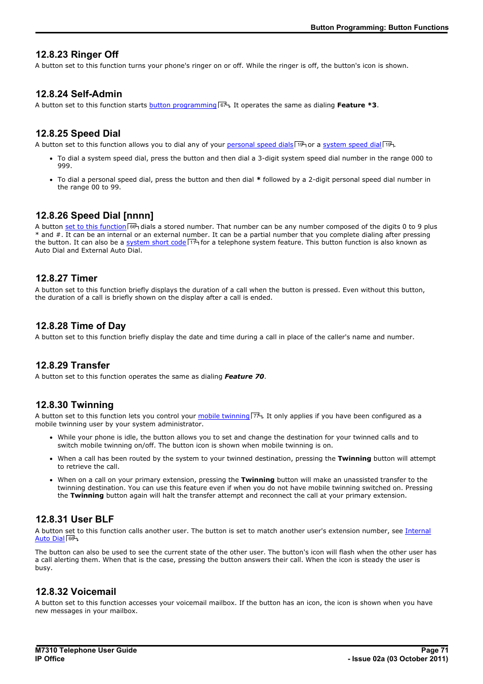 Ringer off, Self-admin, Speed dial | Speed dial [nnnn, Timer, Time of day, Transfer, Twinning, User blf, Voicemail | Avaya M7310 User Manual | Page 71 / 84