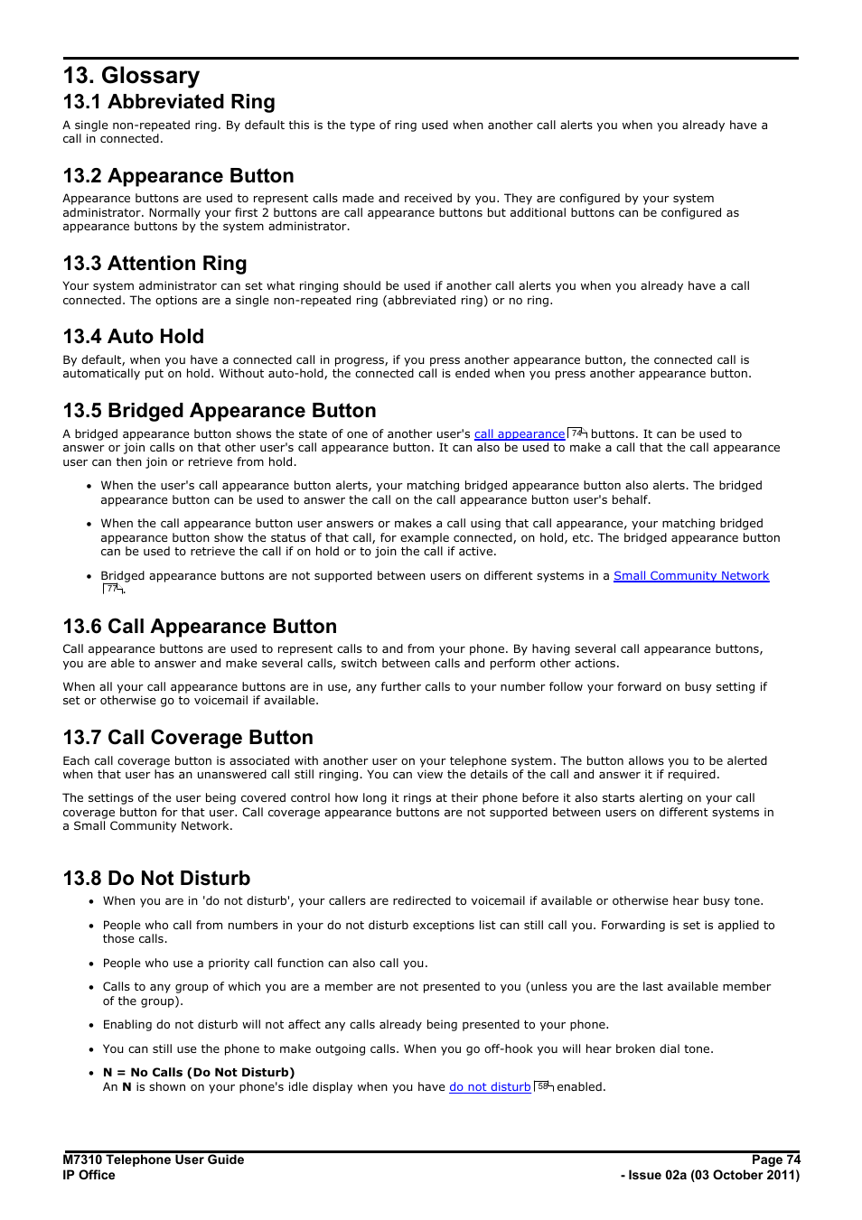 Glossary, Abbreviated ring, Appearance button | Attention ring, Auto hold, Bridged appearance button, Call appearance button, Call coverage button, Do not disturb, 1 abbreviated ring | Avaya M7310 User Manual | Page 74 / 84