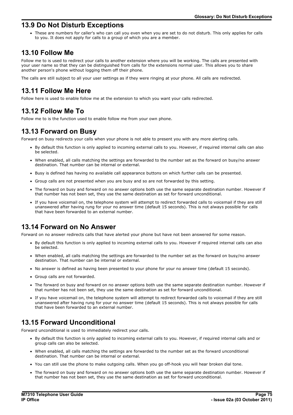 Do not disturb exceptions, Follow me, Follow me here | Follow me to, Forward on busy, Forward on no answer, Forward unconditional, 9 do not disturb exceptions, 10 follow me, 11 follow me here | Avaya M7310 User Manual | Page 75 / 84