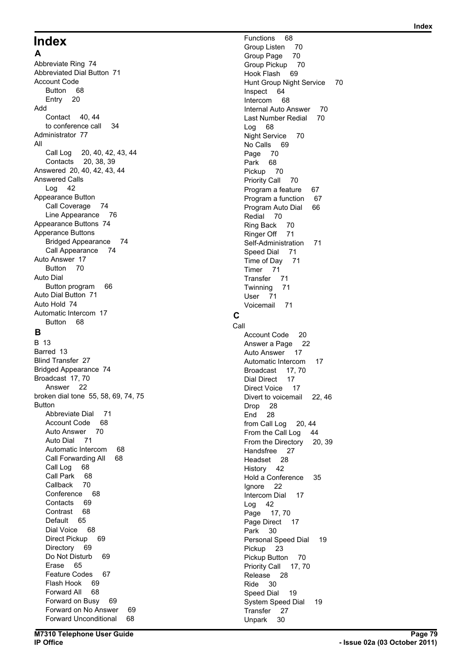 Index | Avaya M7310 User Manual | Page 79 / 84