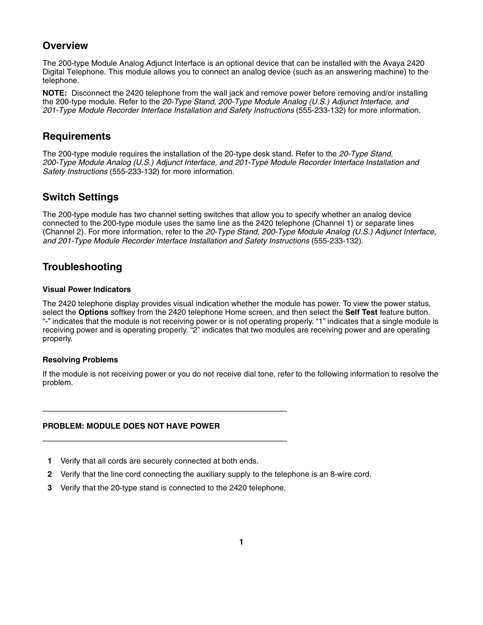 Overview, Requirements, Switch settings | Troubleshooting, Visual power indicators, Resolving problems | Avaya 200-Type Module Analog User Manual | Page 3 / 5