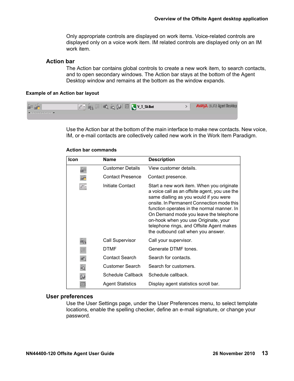 Action bar, User preferences, Action bar 13 user preferences 13 | Avaya NN44400-120 User Manual | Page 13 / 48