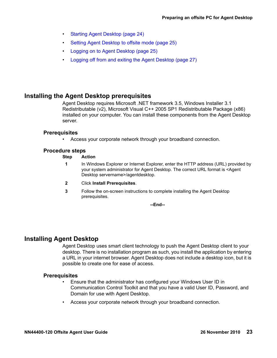 Installing the agent desktop prerequisites, Installing agent desktop | Avaya NN44400-120 User Manual | Page 23 / 48