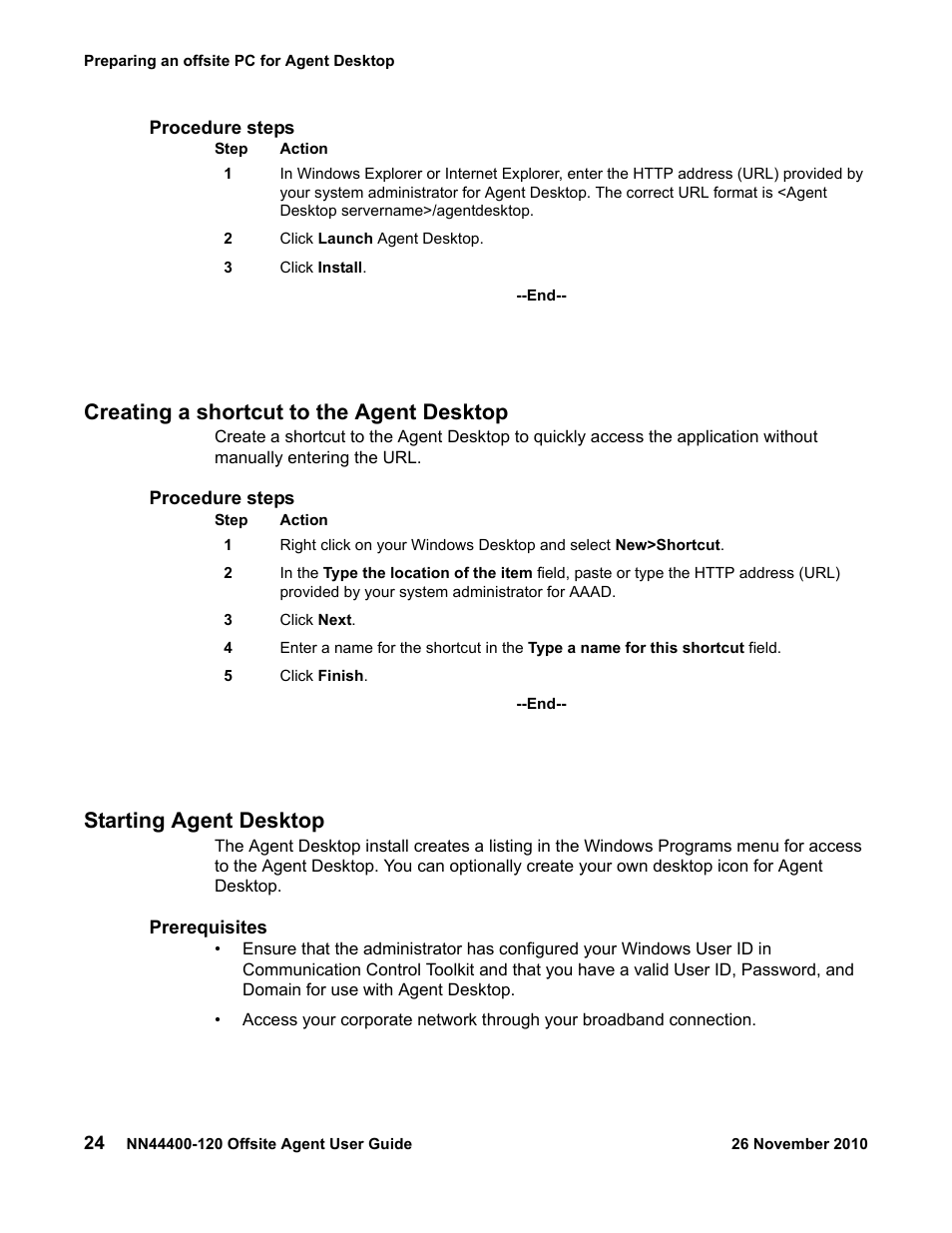 Creating a shortcut to the agent desktop, Starting agent desktop | Avaya NN44400-120 User Manual | Page 24 / 48