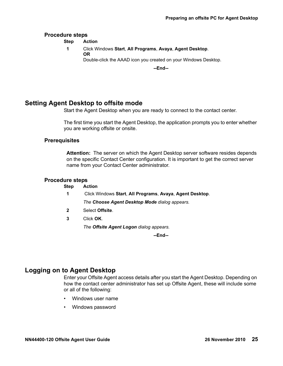 Setting agent desktop to offsite mode, Logging on to agent desktop | Avaya NN44400-120 User Manual | Page 25 / 48