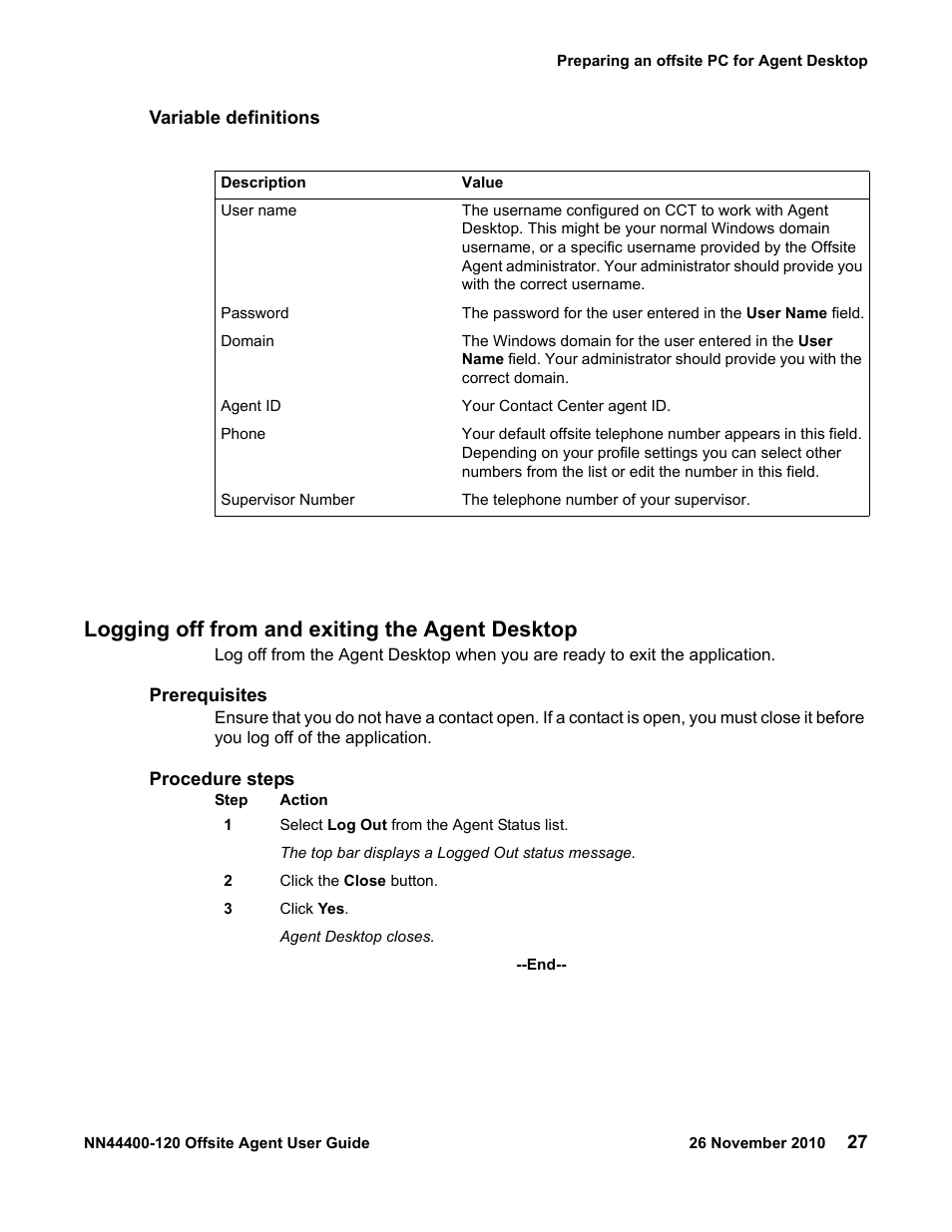 Logging off from and exiting the agent desktop, Logging off from and exiting the agent desktop 27 | Avaya NN44400-120 User Manual | Page 27 / 48